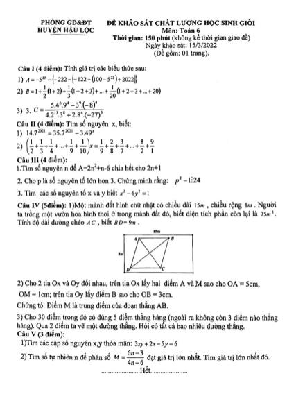 Đề khảo sát chất lượng học sinh giỏi môn Toán Lớp 6 - Năm học 2021-2022 - Phòng GD&ĐT huyện Hậu Lộc