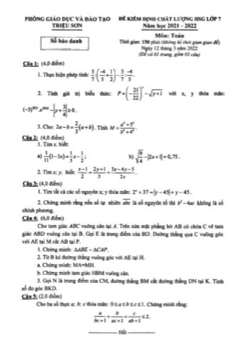 Đề kiểm định chất lượng học sinh giỏi môn Toán Lớp 7 - Năm học 2021-2022 - Phòng giáo dục và đào tạo Triệu Sơn