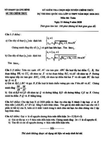 Đề kiểm tra chọn đội tuyển chính thức dự thi học sinh giỏi quốc gia Lớp 12 THPT năm học 2020-2021 môn Toán - Sở giáo dục và đào tạo Quảng Bình