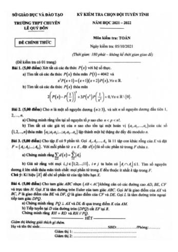 Đề kiểm tra chọn đội tuyển tỉnh năm học 2021-2022 môn Toán - Trường THPT chuyên Lê Quý Đôn