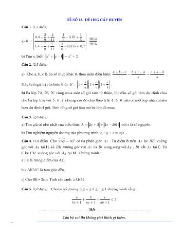 Đề kiểm tra học sinh giỏi cấp huyện môn Toán Lớp 7 - Năm học 2015-2016 - Huyện Đức Phổ - Đề số 13 (Có đáp án)