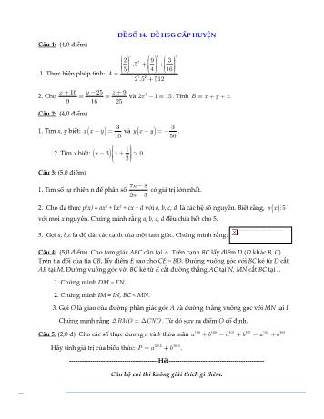 Đề kiểm tra học sinh giỏi cấp huyện môn Toán Lớp 7 - Năm học 2015-2016 - Huyện Đức Phổ - Đề số 14 (Có đáp án)
