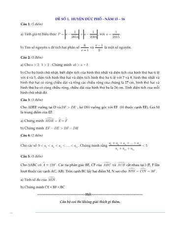 Đề kiểm tra học sinh giỏi cấp huyện môn Toán Lớp 7 - Năm học 2015-2016 - Huyện Đức Phổ - Đề số 1 (Có đáp án)