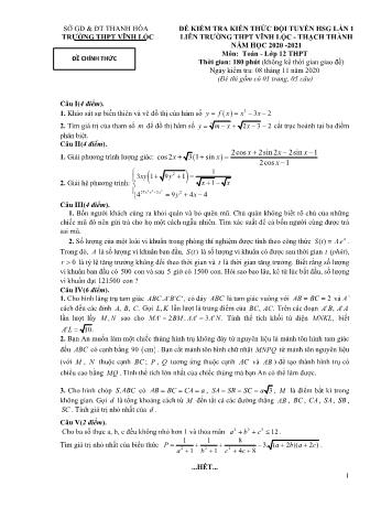 Đề kiểm tra kiến thức đội tuyển học sinh giỏi lần 1 liên trường THPT Vĩnh Lộc - Thạch Thành năm học 2020-2021 môn Toán Lớp 12 - Trường THPT Vĩnh Lộc (Có đáp án)