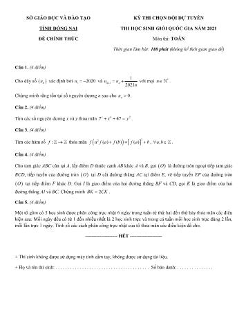 Đề thi chọn đội dự tuyển thi học sinh giỏi quốc gia năm 2021 môn Toán - Sở giáo dục và đào tạo tỉnh Đồng Nai
