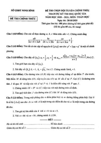 Đề thi chọn đội tuyển chính thức tham gia dự kỳ thi học sinh giỏi quốc gia năm học 2020-2021 môn Toán - Sở giáo dục đào tạo Ninh Bình