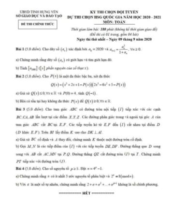 Đề thi chọn đội tuyển dự thi chọn học sinh giỏi quốc gia năm học 2020-2021 môn Toán - UBND tỉnh Hưng Yên