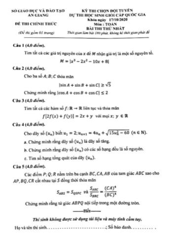 Đề thi chọn đội tuyển dự thi học sinh giỏi cấp quốc gia năm 2020 môn Toán - Sở giáo dục và đào tạo An Giang