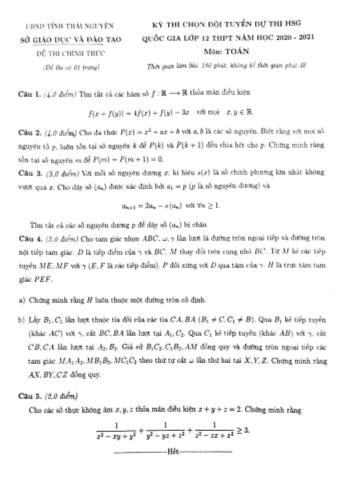 Đề thi chọn đội tuyển dự thi học sinh giỏi quốc gia Lớp 12 THPT năm học 2020-2021 môn Toán - UBND tỉnh Thái Nguyên