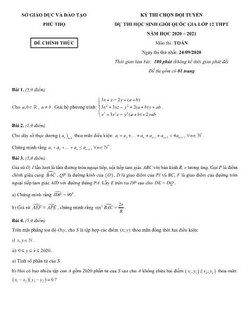 Đề thi chọn đội tuyển dự thi học sinh giỏi quốc gia Lớp 12 THPT năm học 2020-2021 môn Toán - Sở giáo dục và đào tạo Phú Thọ