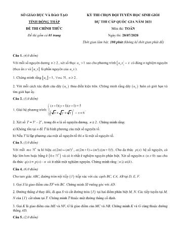 Đề thi chọn đội tuyển học sinh giỏi dự thi cấp quốc gia năm 2021 môn Toán - Sở giáo dục và đào tạo tỉnh Đồng Tháp