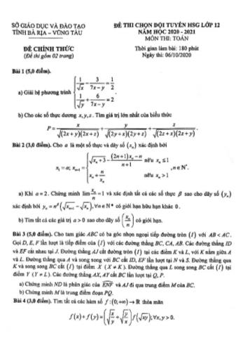 Đề thi chọn đội tuyển học sinh giỏi Lớp 12 năm học 2020-2021 môn Toán - Sở giáo dục và đào tạo tỉnh Bà Rịa - Vũng Tàu