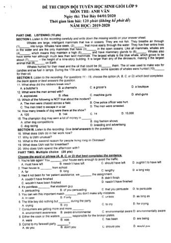 Đề thi chọn đội tuyển học sinh giỏi Lớp 9 môn Anh Văn - Năm học 2019-2020 (Có đáp án)