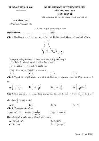 Đề thi chọn đội tuyển học sinh giỏi năm học 2020-2021 môn Toán Lớp 12 - Mã đề 001 - Trường THPT Quế Võ 1 (Có đáp án)