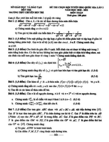 Đề thi chọn đội tuyển học sinh giỏi quốc gia lần 2 năm học 2020-2021 môn Toán - Trường THPT chuyên Bến Tre
