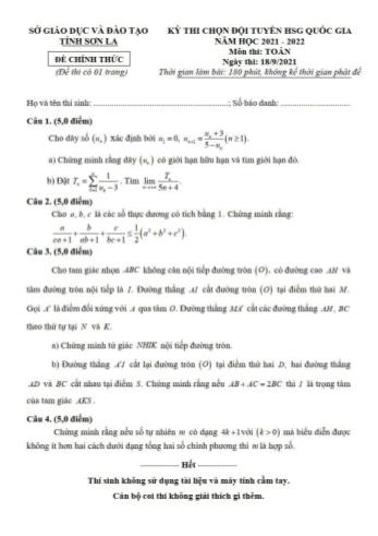 Đề thi chọn đội tuyển học sinh giỏi quốc gia năm học 2021-2022 môn Toán - Sở giáo dục và đào tạo tỉnh Sơn La
