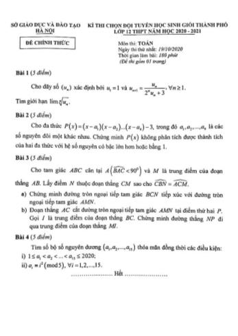 Đề thi chọn đội tuyển học sinh giỏi Thành phố Lớp 12 THPT năm học 2020-2021 môn Toán - Sở giáo dục và đào tạo Hà Nội (Có đáp án)