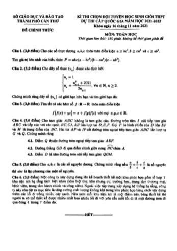 Đề thi chọn đội tuyển học sinh giỏi THPT dự thi cấp quốc gia năm học 2021-2022 môn Toán - Sở giáo dục và đào tạo Thành phố Cần Thơ
