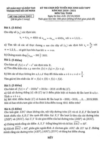 Đề thi chọn đội tuyển học sinh giỏi THPT năm học 2020-2021 môn Toán - Sở giáo dục và đào tạo Thành phố Hồ Chí Minh