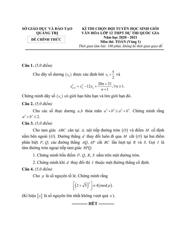 Đề thi chọn đội tuyển học sinh giỏi văn hóa Lớp 12 THPT dự thi quốc gia năm học 2020-2021 môn Toán - Sở giáo dục và đào tạo Quảng Trị