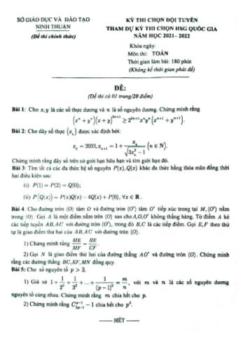 Đề thi chọn đội tuyển tham dự kỳ thi chọn học sinh giỏi quốc gia năm học 2021-2022 môn Toán - Sở giáo dục và đào tạo Ninh Thuận