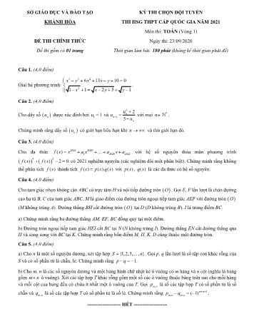 Đề thi chọn đội tuyển thi học sinh giỏi THPT cấp quốc gia năm 2021 môn Toán (Vòng 1) - Sở giáo dục và đào tạo Khánh Hòa