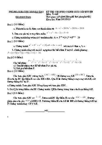 Đề thi chọn học sinh giỏi cấp huyện môn Toán Lớp 8 năm học 2018-2019 (Có đáp án)
