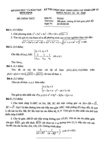 Đề thi chọn học sinh giỏi cấp tỉnh Lớp 12 năm 2020 môn Toán - Sở giáo dục và đào tạo Bình Định