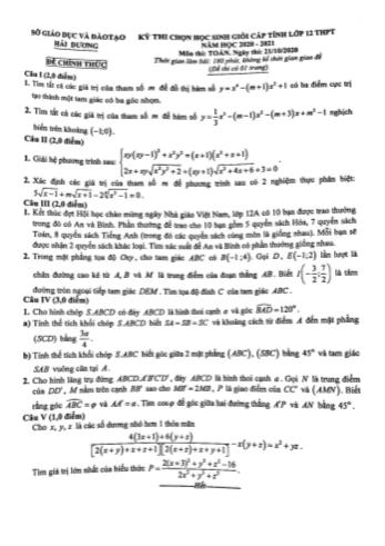 Đề thi chọn học sinh giỏi cấp tỉnh Lớp 12 THPT năm học 2020-2021 môn Toán - Sở giáo dục vào đào tạo Hải Dương