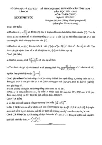 Đề thi chọn học sinh giỏi cấp tỉnh THPT năm học 2021-2022 môn Toán - Sở giáo dục và đào tạo Lào Cai (Có đáp án)