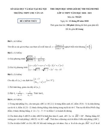 Đề thi chọn học sinh giỏi dự thi Thành phố Lớp 12 THPT năm học 2020-2021 môn Toán - Trường THPT Chu Văn An