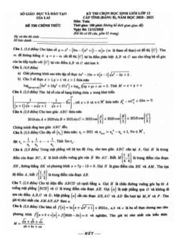 Đề thi chọn học sinh giỏi Lớp 12 cấp tỉnh (Bảng B) năm học 2020-2021 môn Toán - Sở giáo dục và đào tạo Gia Lai