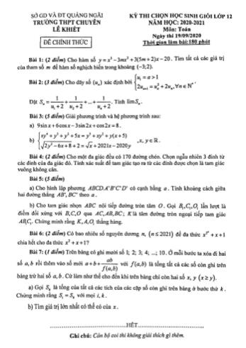 Đề thi chọn học sinh giỏi Lớp 12 năm học 2020-2021 môn Toán - Trường THPT chuyên Lê Khiết