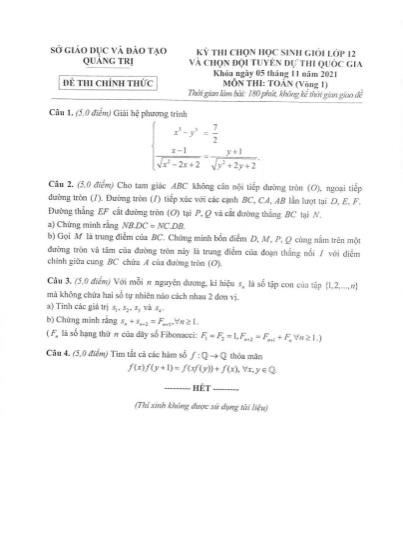 Đề thi chọn học sinh giỏi Lớp 12 và chọn đội tuyển dự thi quốc gia môn Toán (2 vòng) - Sở giáo dục và đào tạo Quảng Trị