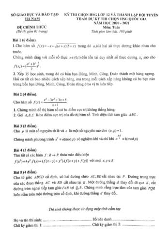 Đề thi chọn học sinh giỏi Lớp 12 và thành lập đội tuyển tham dự kỳ thi chọn học sinh giỏi quốc gia năm học 2020-2021 môn Toán - Sở giáo dục và đào tạo Hà Nam
