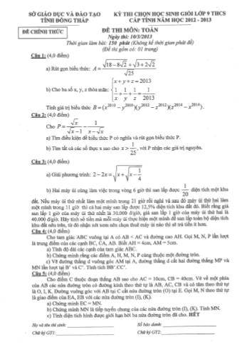 Đề thi chọn học sinh giỏi Lớp 9 THCS cấp tỉnh năm học 2012-2013 môn Toán - Sở giáo dục và đào tạo tỉnh Đồng Tháp