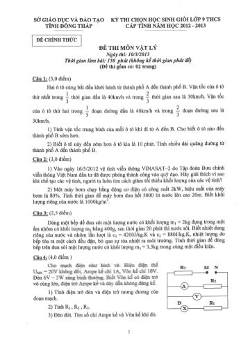 Đề thi chọn học sinh giỏi Lớp 9 THCS cấp tỉnh năm học 2012-2013 môn Vật lý - Sở giáo dục và đào tạo tỉnh Đồng Tháp (Có đáp án)