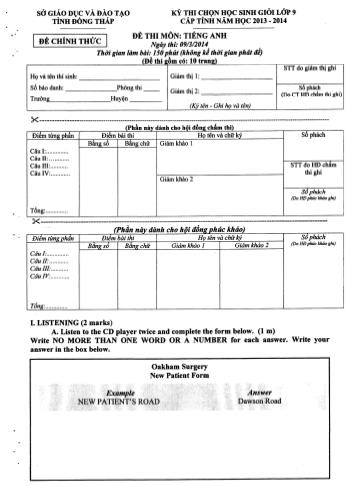 Đề thi chọn học sinh giỏi Lớp 9 THCS cấp tỉnh năm học 2013-2014 môn Tiếng Anh - Sở giáo dục và đào tạo tỉnh Đồng Tháp (Có đáp án)