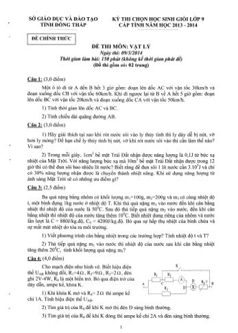 Đề thi chọn học sinh giỏi Lớp 9 THCS cấp tỉnh năm học 2013-2014 môn Vật lý - Sở giáo dục và đào tạo tỉnh Đồng Tháp (Có đáp án)