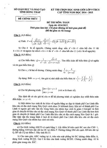 Đề thi chọn học sinh giỏi Lớp 9 THCS cấp tỉnh năm học 2014-2015 môn Toán - Sở giáo dục và đào tạo tỉnh Đồng Tháp (Có đáp án)