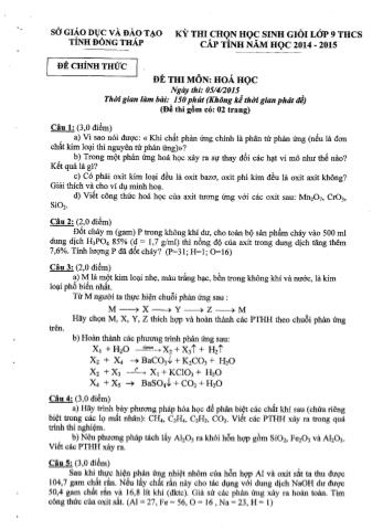 Đề thi chọn học sinh giỏi Lớp 9 THCS cấp tỉnh năm học 2014-2015 môn Hóa học - Sở giáo dục và đào tạo tỉnh Đồng Tháp (Có đáp án)