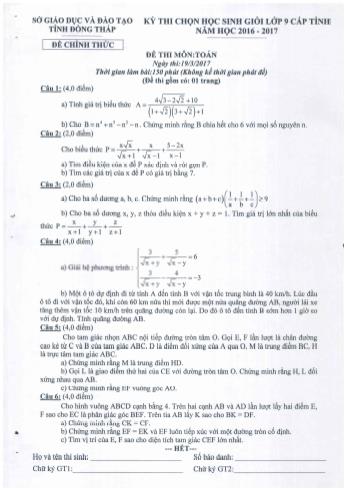 Đề thi chọn học sinh giỏi Lớp 9 THCS cấp tỉnh năm học 2016-2017 môn Toán - Sở giáo dục và đào tạo tỉnh Đồng Tháp (Có đáp án)