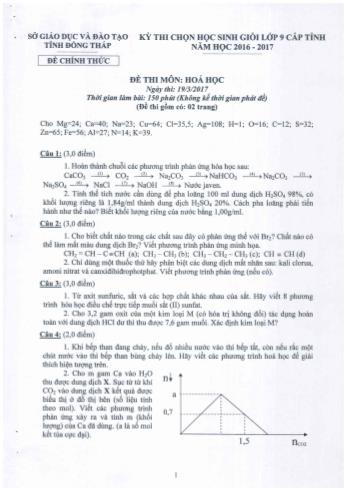 Đề thi chọn học sinh giỏi Lớp 9 THCS cấp tỉnh năm học 2016-2017 môn Hóa học - Sở giáo dục và đào tạo tỉnh Đồng Tháp (Có đáp án)