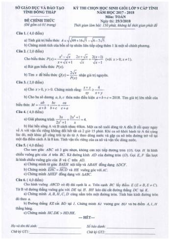 Đề thi chọn học sinh giỏi Lớp 9 THCS cấp tỉnh năm học 2017-2018 môn Toán - Sở giáo dục và đào tạo tỉnh Đồng Tháp