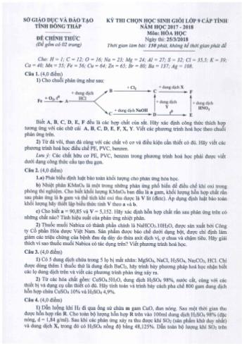 Đề thi chọn học sinh giỏi Lớp 9 THCS cấp tỉnh năm học 2017-2018 môn Hóa học - Sở giáo dục và đào tạo tỉnh Đồng Tháp (Có đáp án)