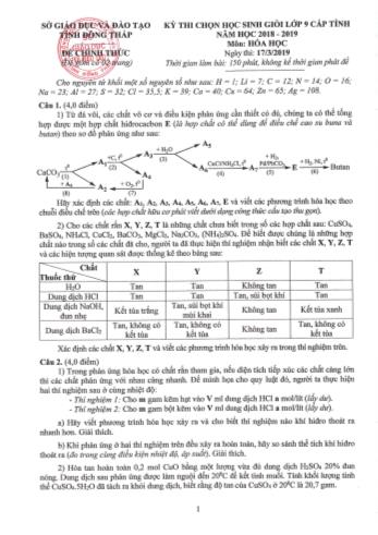 Đề thi chọn học sinh giỏi Lớp 9 THCS cấp tỉnh năm học 2018-2019 môn Hóa học - Sở giáo dục và đào tạo tỉnh Đồng Tháp (Có đáp án)