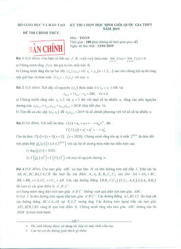 Đề thi chọn học sinh giỏi quốc gia THPT năm 2019 môn Toán