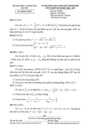 Đề thi chọn học sinh giỏi Thành phố Lớp 12 THPT năm học 2020-2021 môn Toán - Sở giáo dục và đào tạo Hà Nội