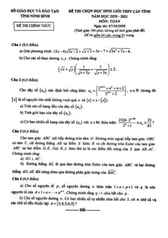 Đề thi chọn học sinh giỏi THPT cấp tỉnh năm học 2020-2021 môn Toán - Sở giáo dục và đào tạo tỉnh Ninh Bình