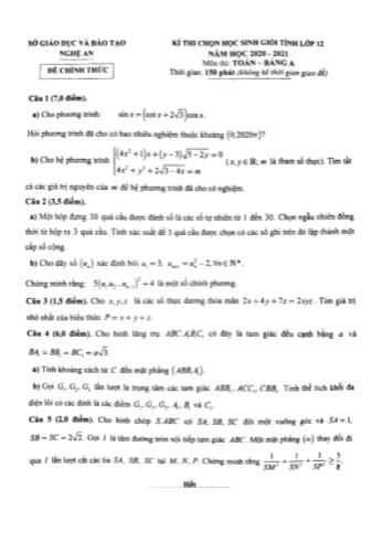 Đề thi chọn học sinh giỏi tỉnh Lớp 12 năm học 2020-2021 môn Toán Bảng A - Sở giáo dục và đào tạo Nghệ An